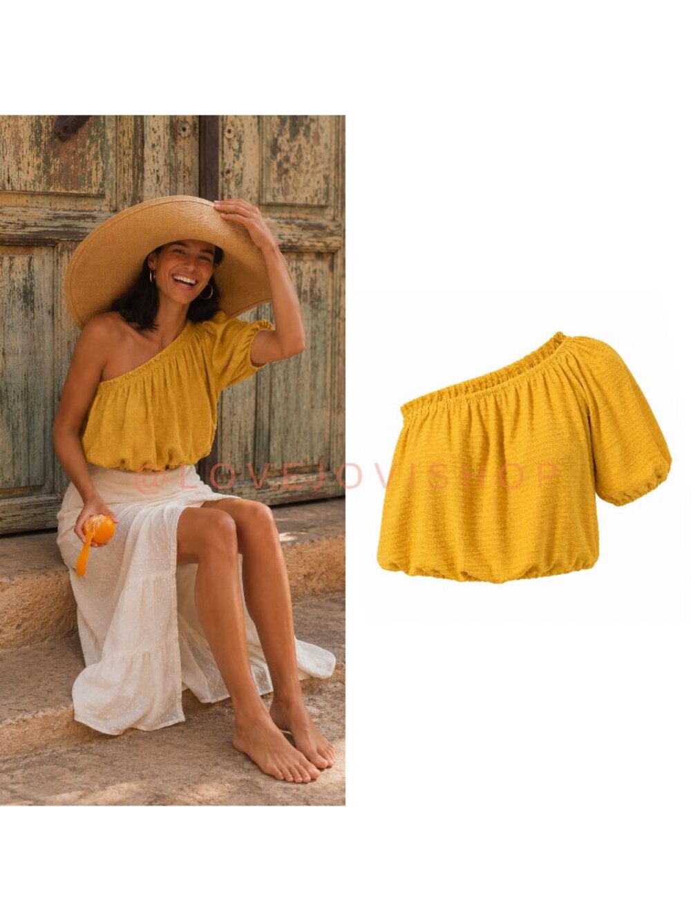 Boho Coastal | ASTR the Label One Sleeve Blouson Cropped Top | Yellow Tropical L